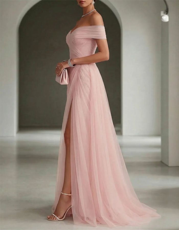 Solid Color Off-Shoulder Mesh Ruched Maxi Dress with Slit