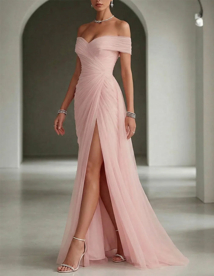 Solid Color Off-Shoulder Mesh Ruched Maxi Dress with Slit