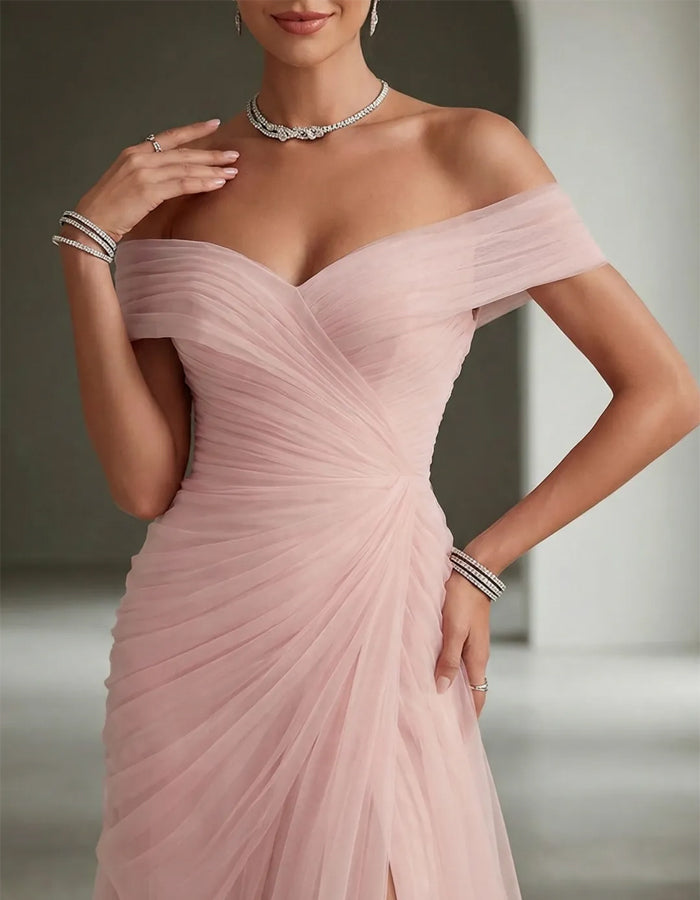 Solid Color Off-Shoulder Mesh Ruched Maxi Dress with Slit