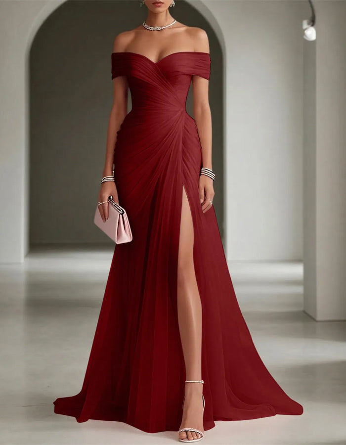 Solid Color Off-Shoulder Mesh Ruched Maxi Dress with Slit
