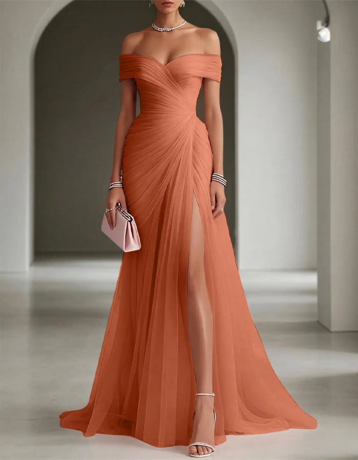 Solid Color Off-Shoulder Mesh Ruched Maxi Dress with Slit