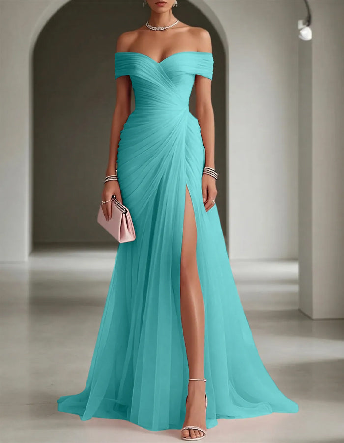 Solid Color Off-Shoulder Mesh Ruched Maxi Dress with Slit