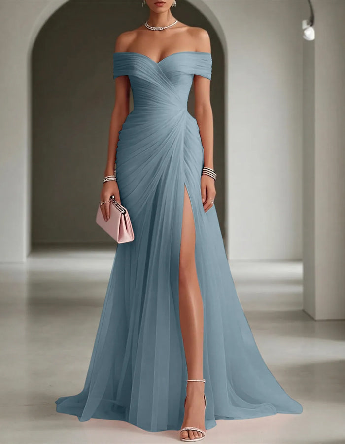 Solid Color Off-Shoulder Mesh Ruched Maxi Dress with Slit