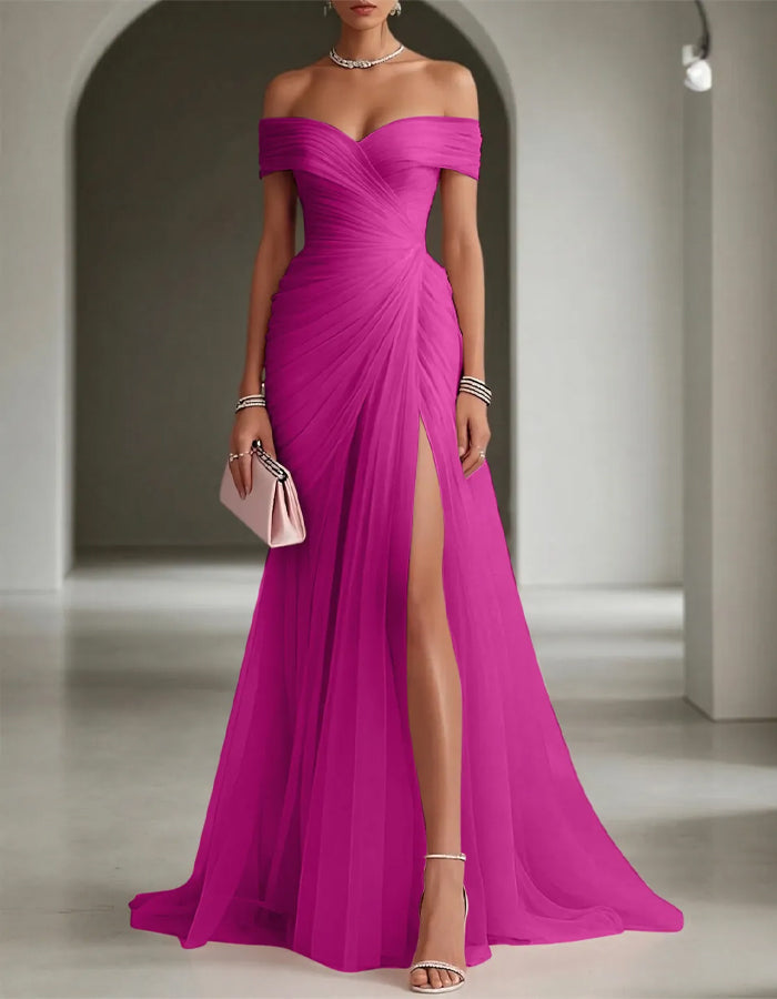 Solid Color Off-Shoulder Mesh Ruched Maxi Dress with Slit