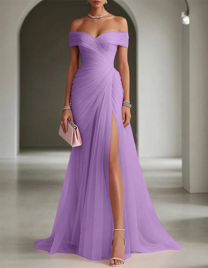 Solid Color Off-Shoulder Mesh Ruched Maxi Dress with Slit