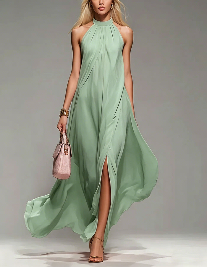 Halter Neck Chiffon Maxi Dress with Slits