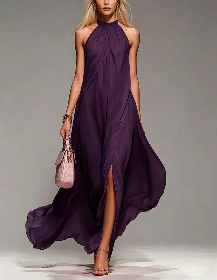 Halter Neck Chiffon Maxi Dress with Slits