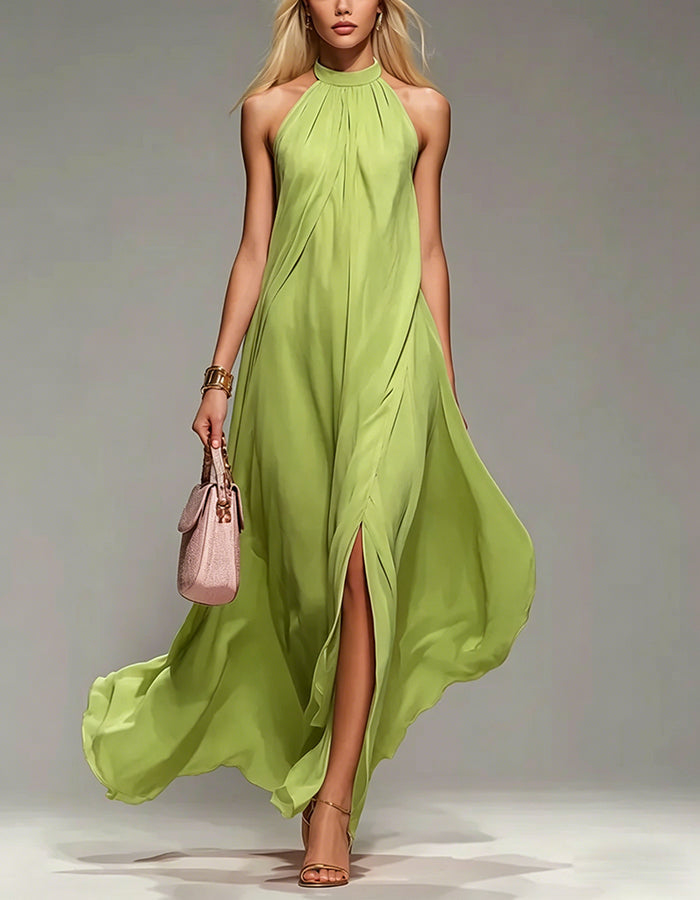 Halter Neck Chiffon Maxi Dress with Slits