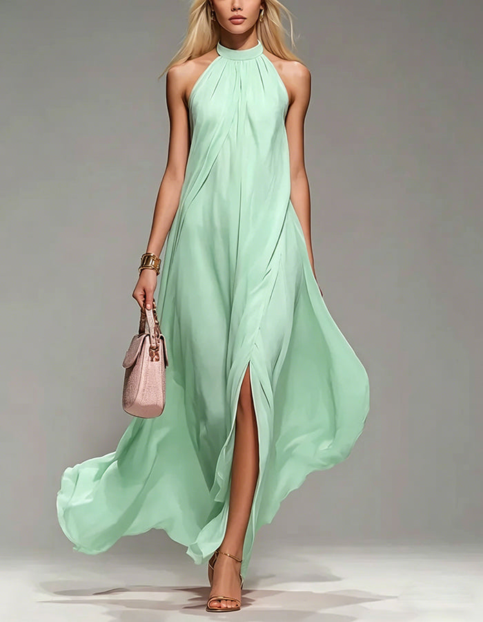 Halter Neck Chiffon Maxi Dress with Slits