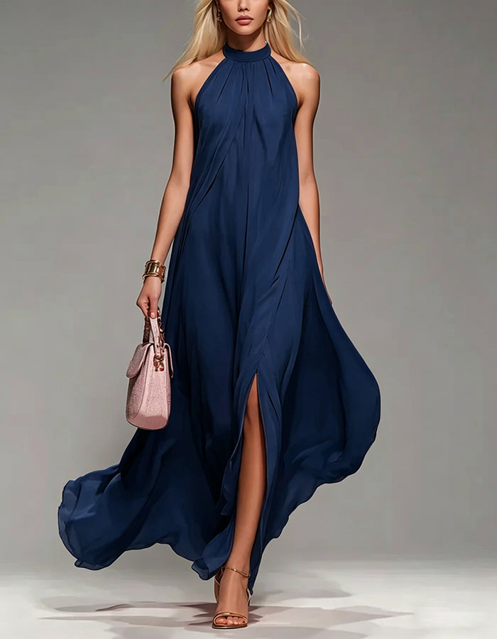 Halter Neck Chiffon Maxi Dress with Slits
