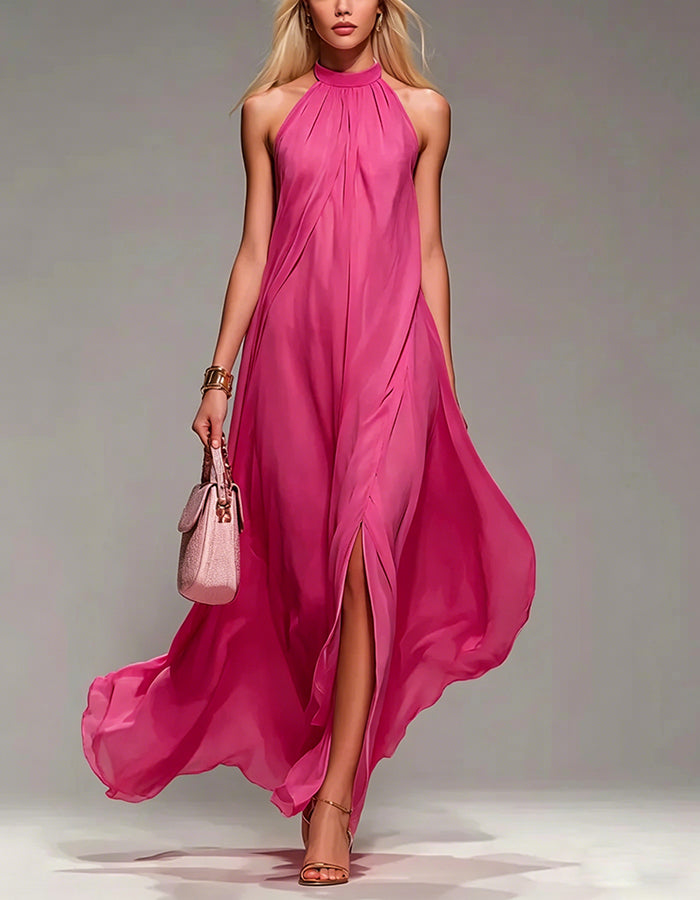 Halter Neck Chiffon Maxi Dress with Slits