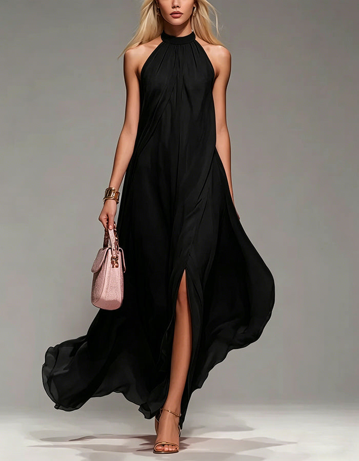 Halter Neck Chiffon Maxi Dress with Slits