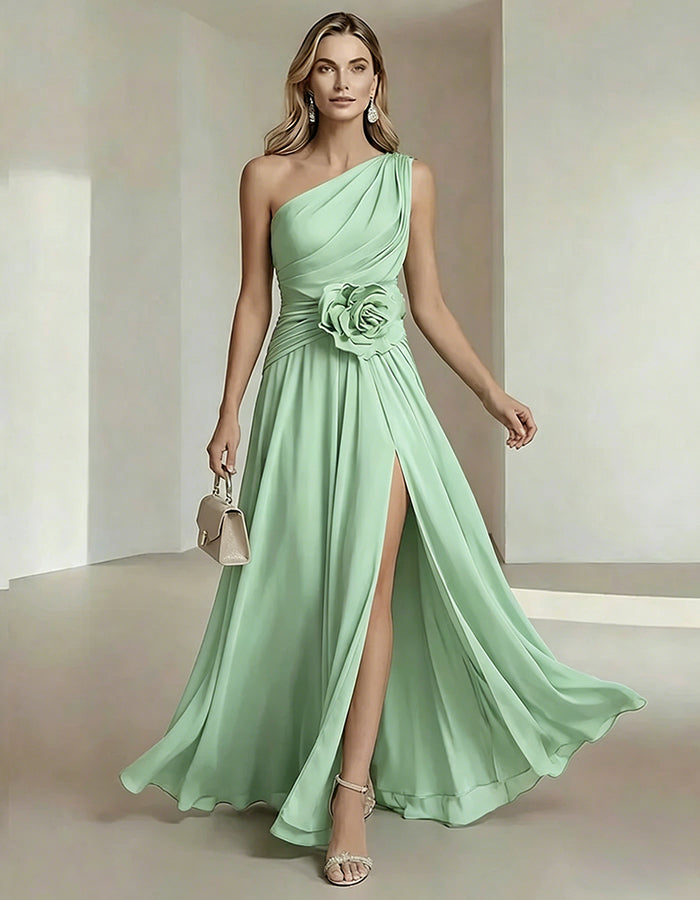 One-Shoulder Chiffon Maxi Dress with 3D Florals and High Slit