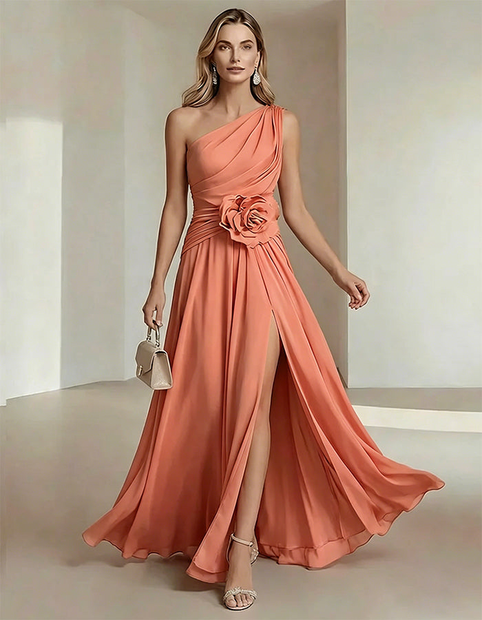 One-Shoulder Chiffon Maxi Dress with 3D Florals and High Slit