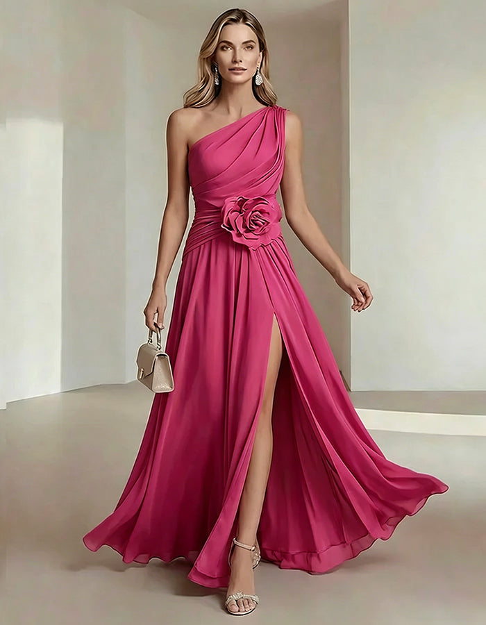One-Shoulder Chiffon Maxi Dress with 3D Florals and High Slit