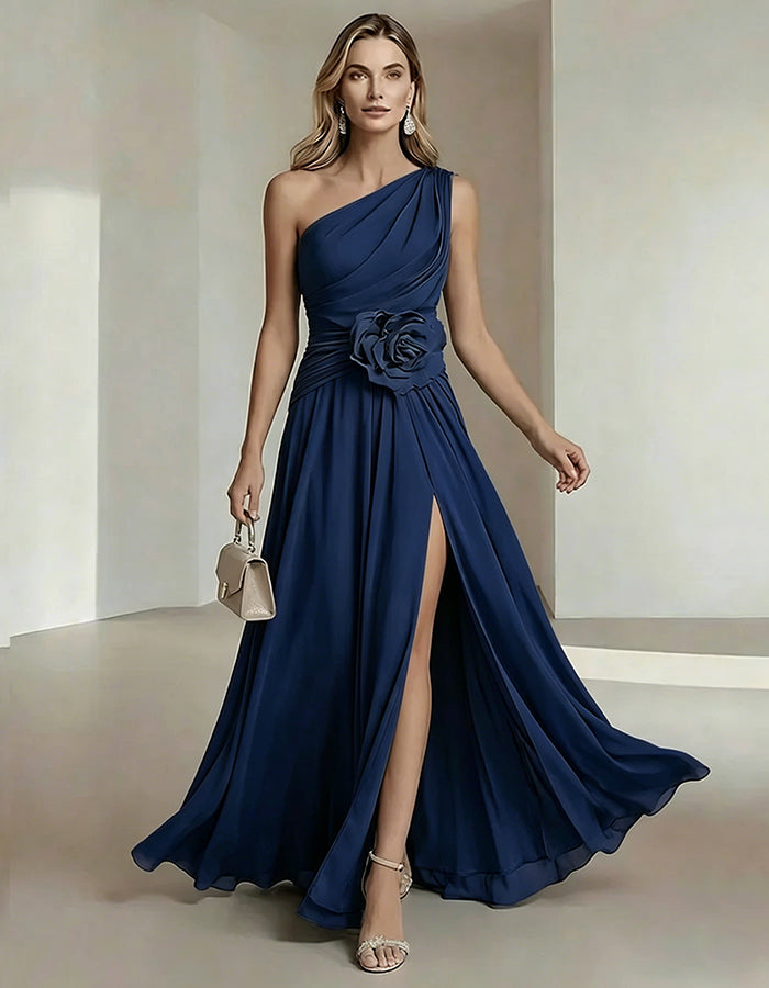One-Shoulder Chiffon Maxi Dress with 3D Florals and High Slit