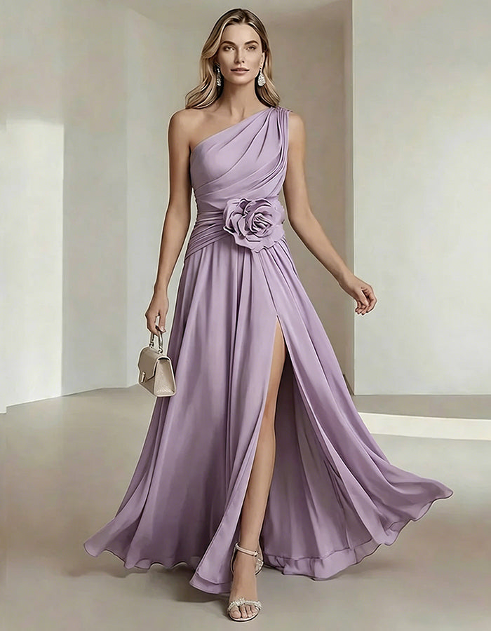 One-Shoulder Chiffon Maxi Dress with 3D Florals and High Slit