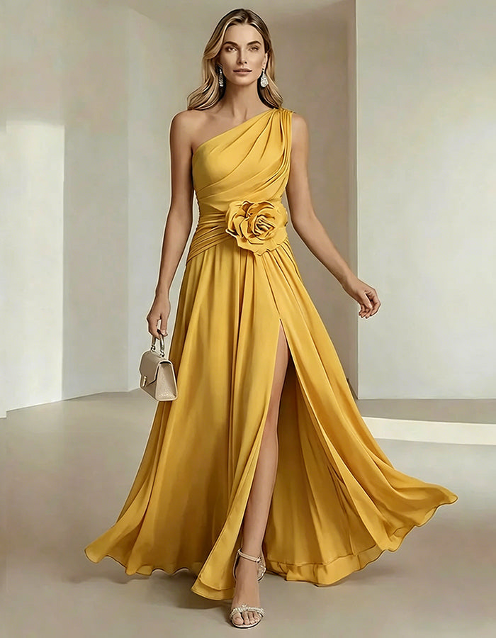 One-Shoulder Chiffon Maxi Dress with 3D Florals and High Slit