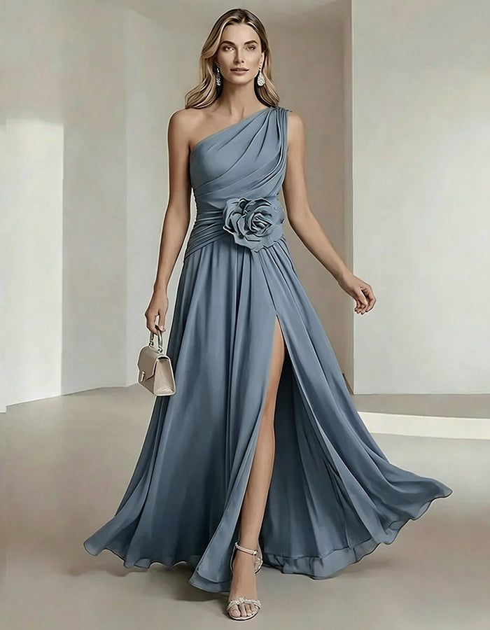 One-Shoulder Chiffon Maxi Dress with 3D Florals and High Slit