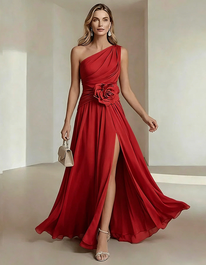 One-Shoulder Chiffon Maxi Dress with 3D Florals and High Slit