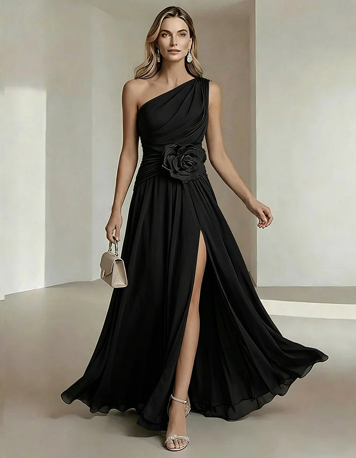 One-Shoulder Chiffon Maxi Dress with 3D Florals and High Slit