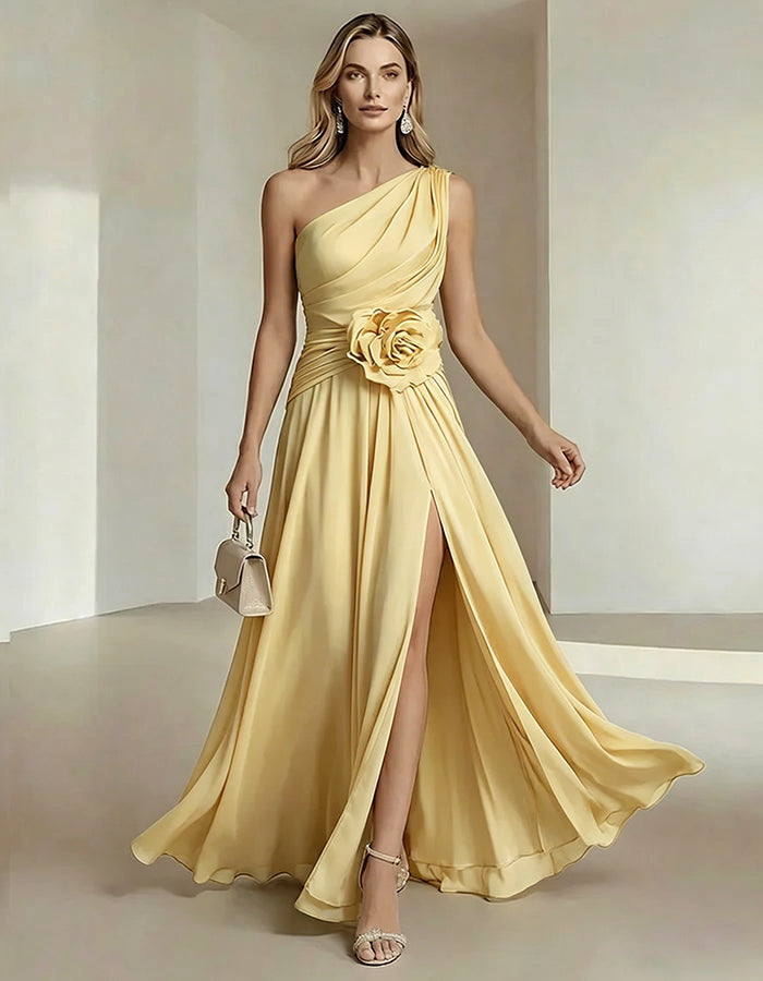 One-Shoulder Chiffon Maxi Dress with 3D Florals and High Slit