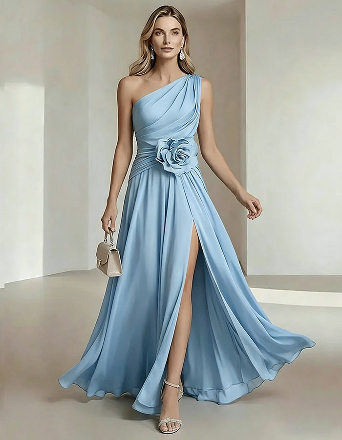 One-Shoulder Chiffon Maxi Dress with 3D Florals and High Slit