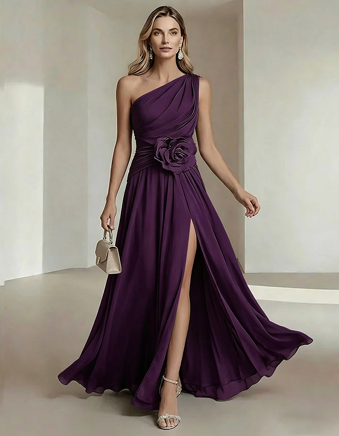 One-Shoulder Chiffon Maxi Dress with 3D Florals and High Slit