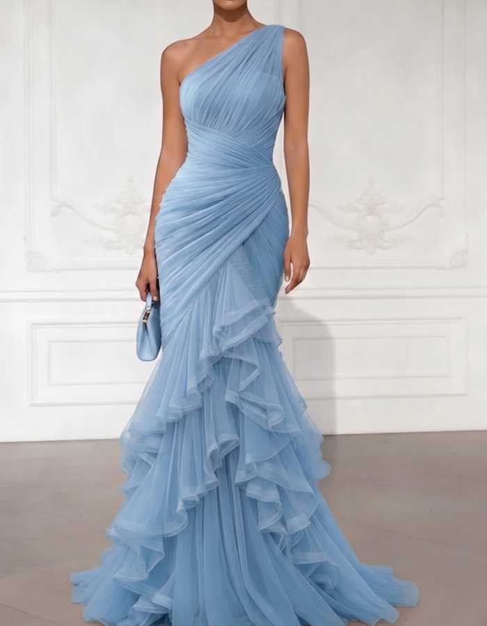 One-Shoulder Draped Tulle Mermaid Gown