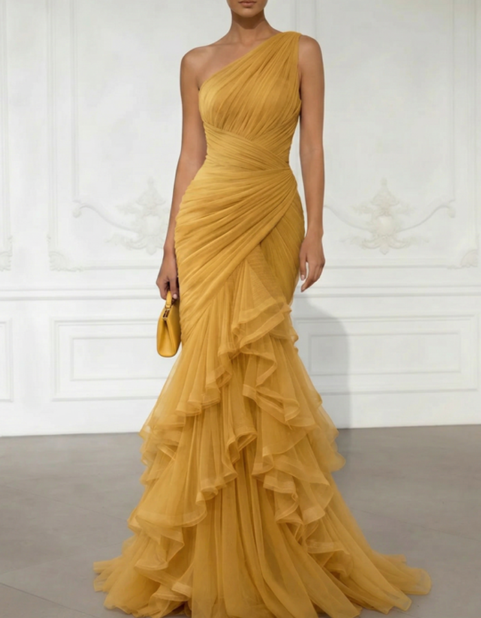 One-Shoulder Draped Tulle Mermaid Gown