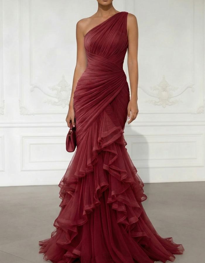 One-Shoulder Draped Tulle Mermaid Gown