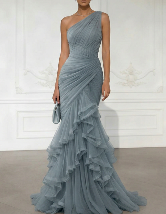 One-Shoulder Draped Tulle Mermaid Gown
