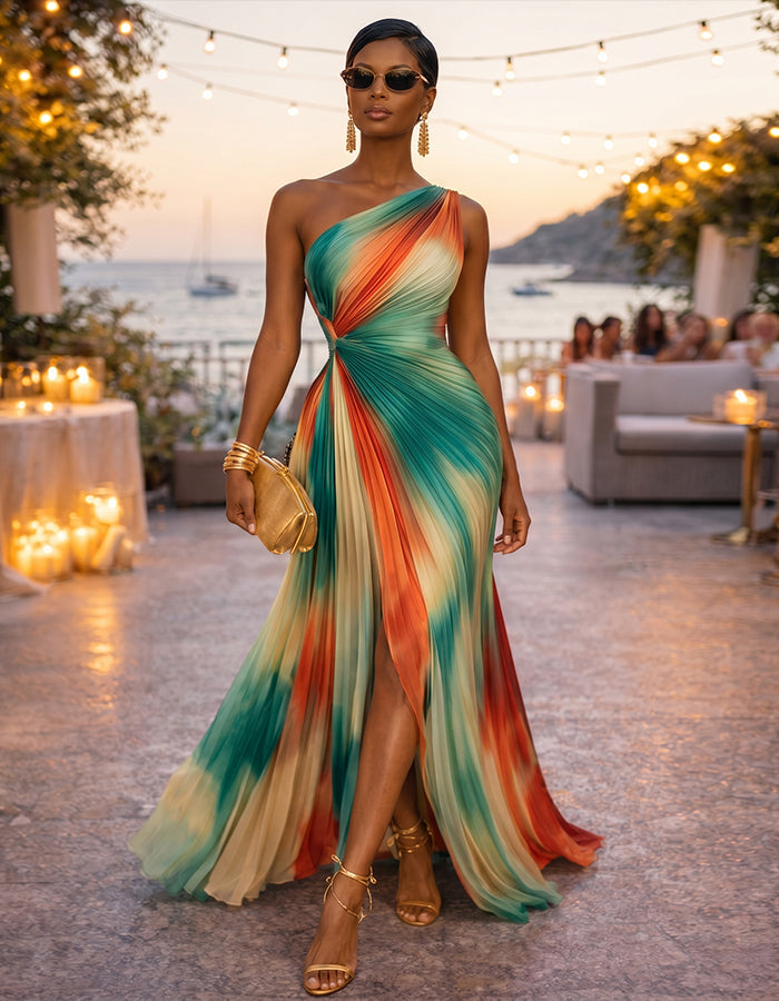 Sunset Tie-Dye One-Shoulder Pleated Chiffon Maxi Dress with Slits