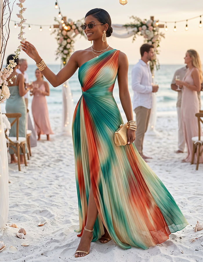 Sunset Tie-Dye One-Shoulder Pleated Chiffon Maxi Dress with Slits