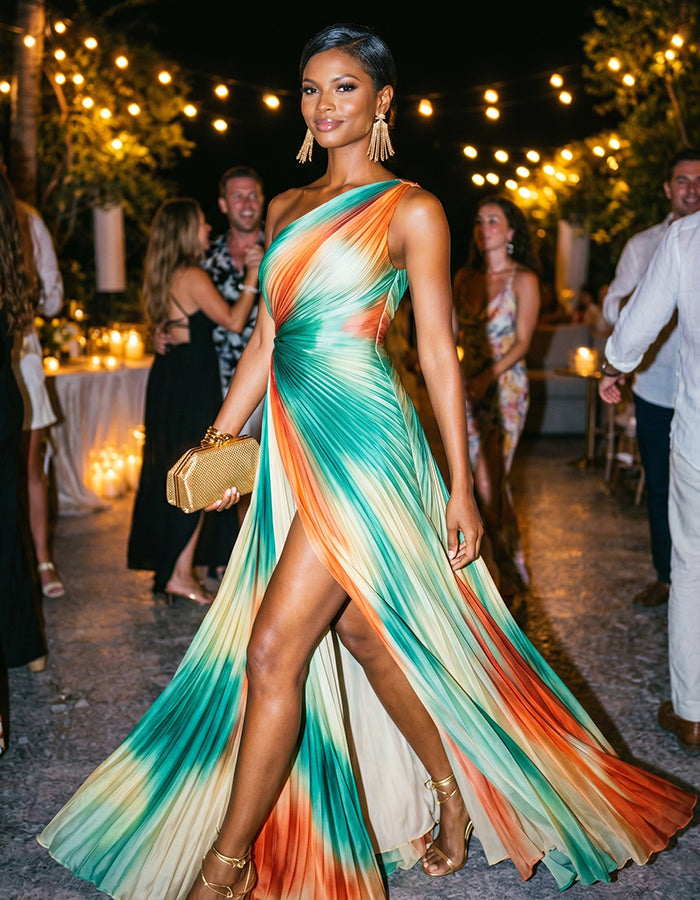 Sunset Tie-Dye One-Shoulder Pleated Chiffon Maxi Dress with Slits