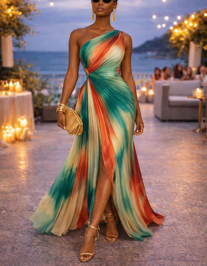 Sunset Tie-Dye One-Shoulder Pleated Chiffon Maxi Dress with Slits