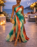 Sunset Tie-Dye One-Shoulder Pleated Chiffon Maxi Dress with Slits