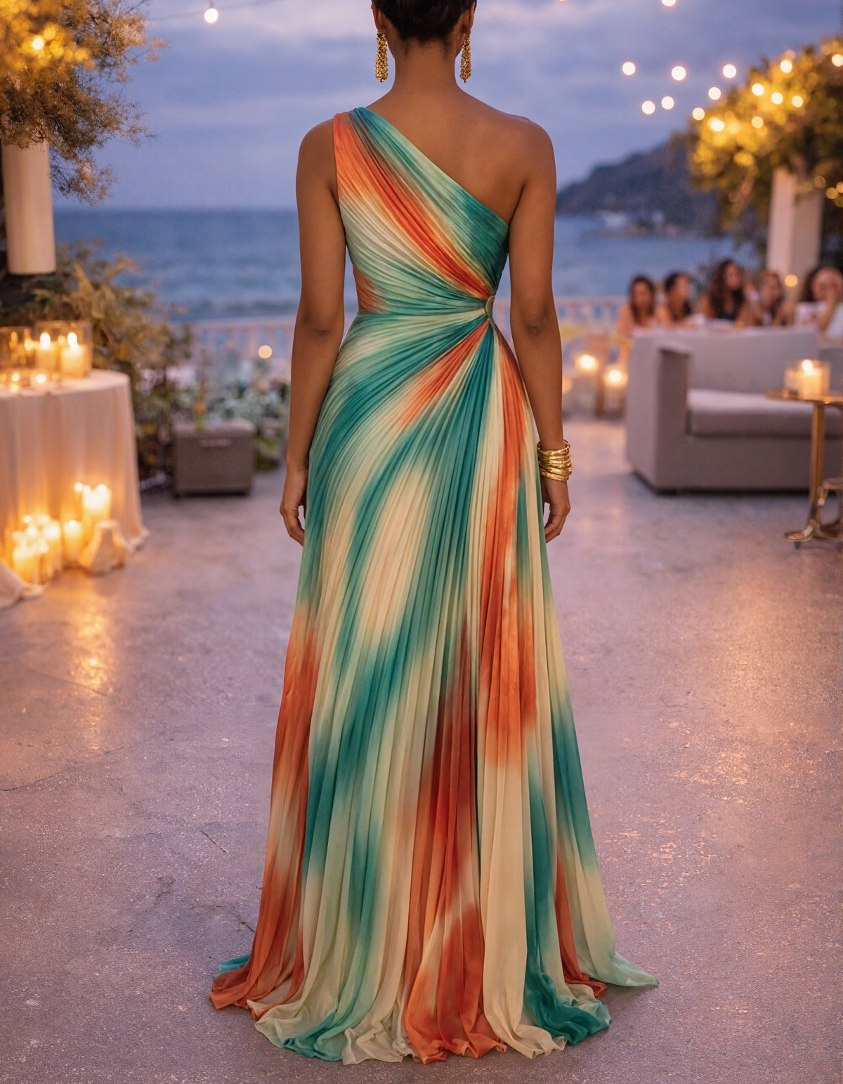 Sunset Tie-Dye One-Shoulder Pleated Chiffon Maxi Dress with Slits