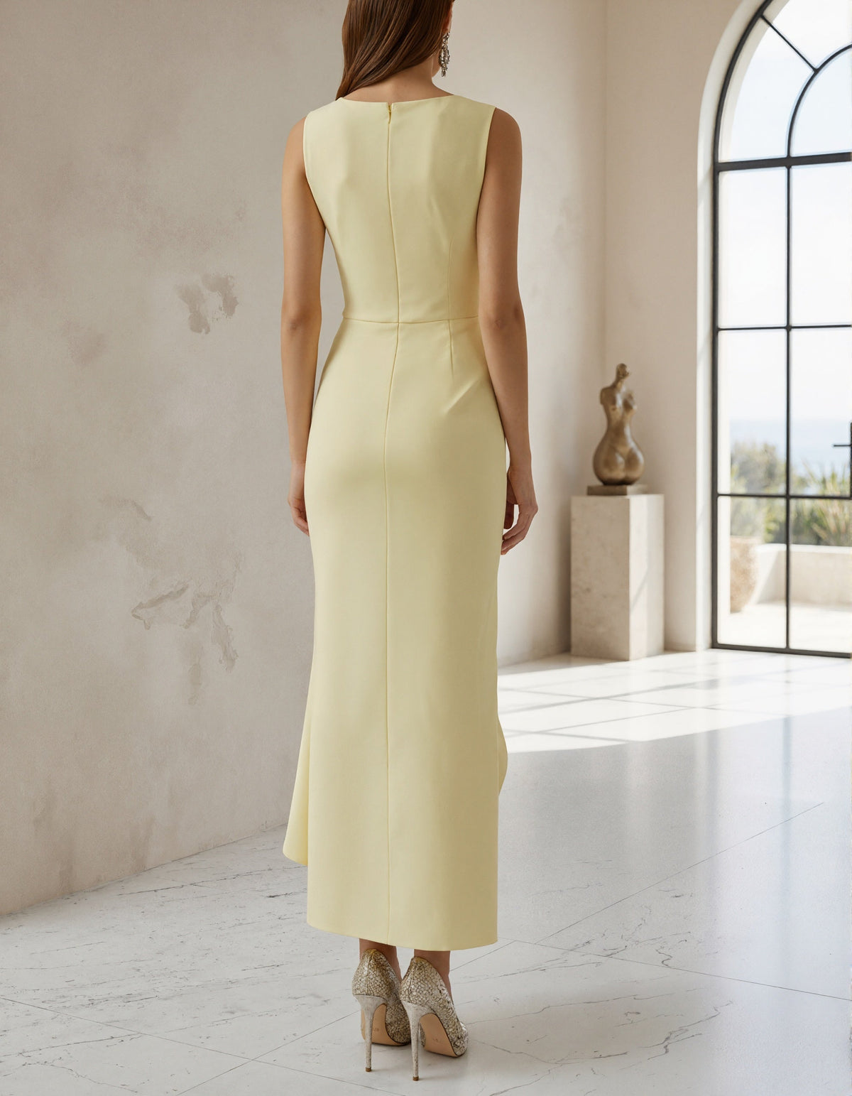 Solid Color Boat Neck Midi Dress with Front Slit