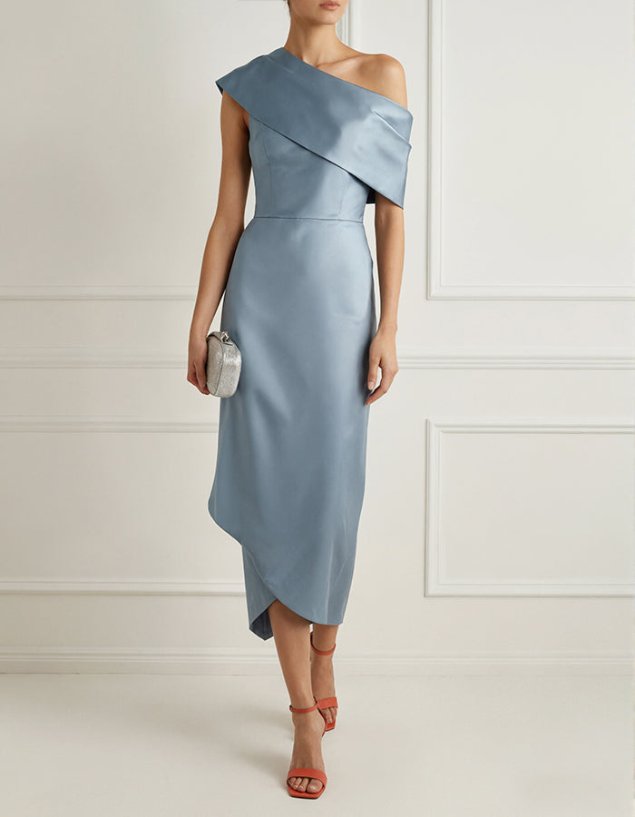 Solid Color Satin Asymmetrical Shoulder Midi Dress