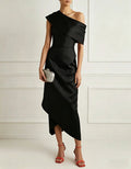 Solid Color Satin Asymmetrical Shoulder Midi Dress
