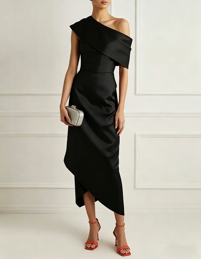 Solid Color Satin Asymmetrical Shoulder Midi Dress