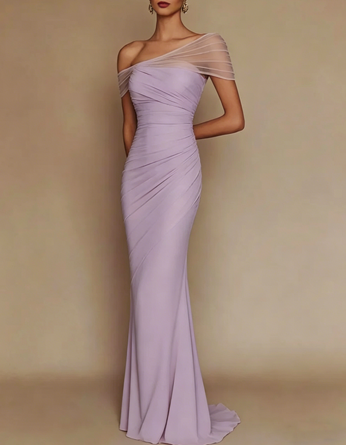 One-Shoulder Mesh Patched Pleated Mermaid Maxi Dress