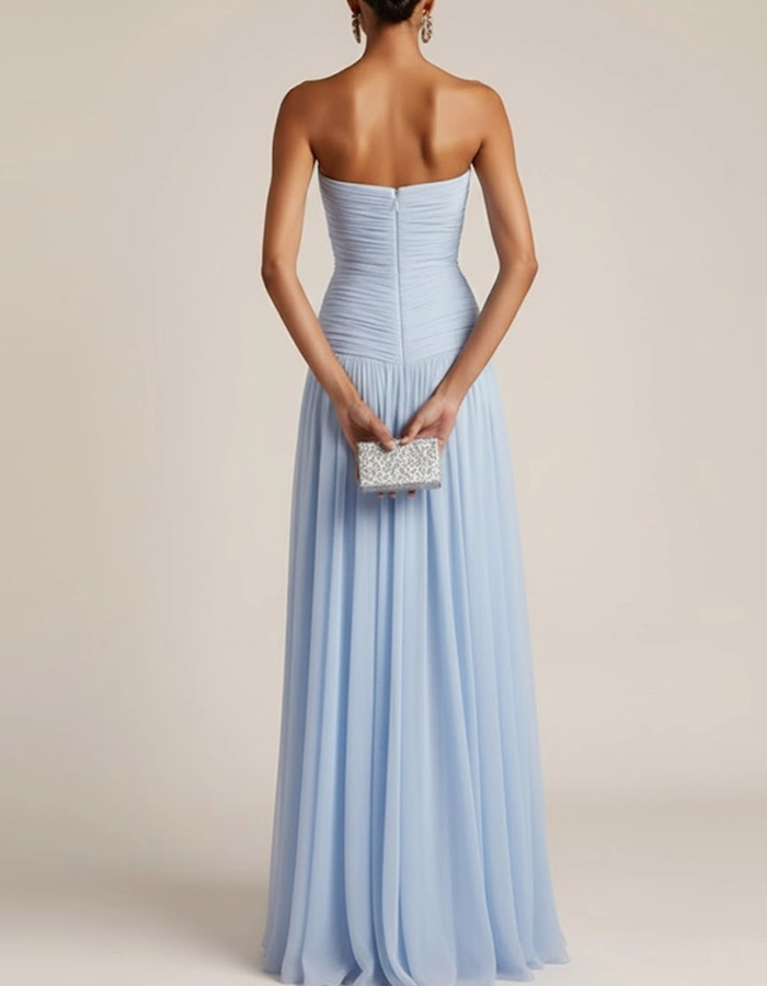 Multicolor Pleated Chiffon Strapless A-line Maxi Dress