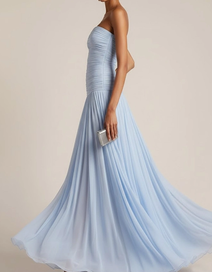 Multicolor Pleated Chiffon Strapless A-line Maxi Dress