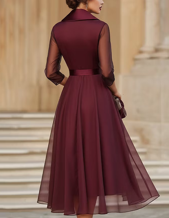 Burgundy Satin Tulle Midi Dress
