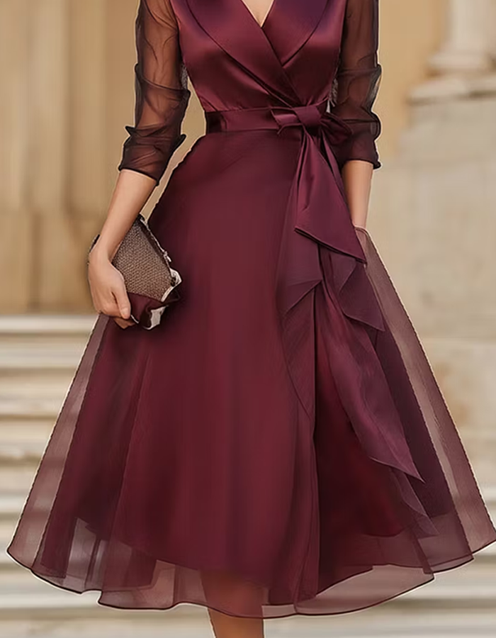 Burgundy Satin Tulle Midi Dress