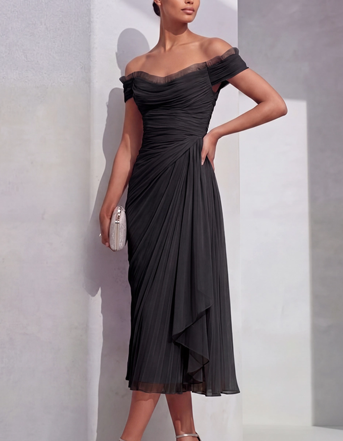 Off-the-Shoulder Pleated Chiffon Midi Dress