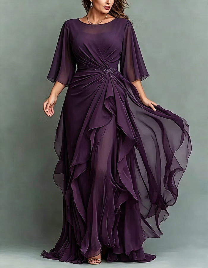 Round Neck Appliqué Twisted Ruffle Chiffon Maxi Dress