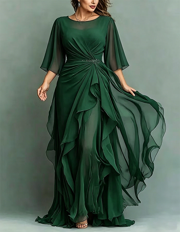 Round Neck Appliqué Twisted Ruffle Chiffon Maxi Dress